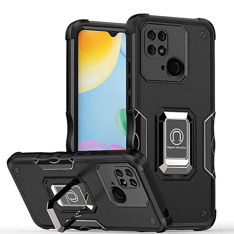 Coque Contour Silicone et Plastique Housse Etui Mat avec Magnetique Support Bague Anneau QW1 pour Xiaomi Redmi 10C 4G Noir