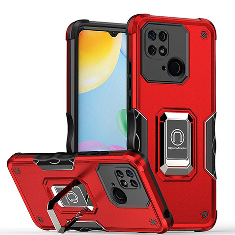 Coque Contour Silicone et Plastique Housse Etui Mat avec Magnetique Support Bague Anneau QW1 pour Xiaomi Redmi 10C 4G Rouge