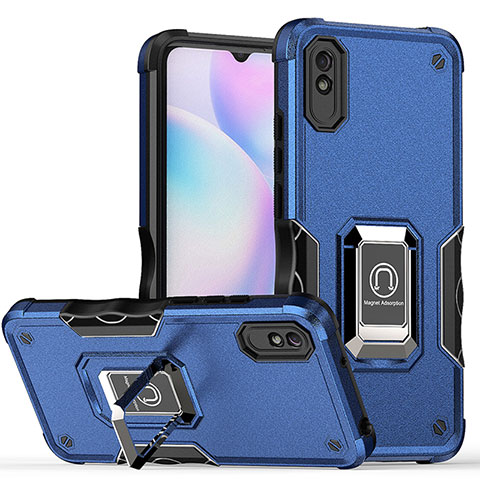 Coque Contour Silicone et Plastique Housse Etui Mat avec Magnetique Support Bague Anneau QW1 pour Xiaomi Redmi 9i Bleu