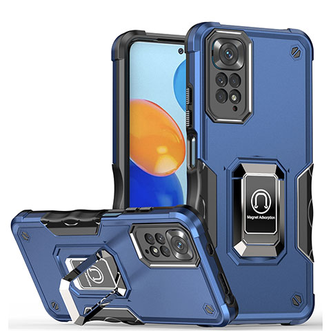 Coque Contour Silicone et Plastique Housse Etui Mat avec Magnetique Support Bague Anneau QW1 pour Xiaomi Redmi Note 11S 4G Bleu