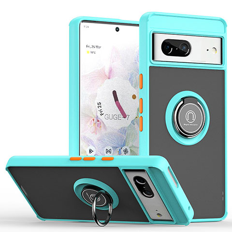 Coque Contour Silicone et Plastique Housse Etui Mat avec Magnetique Support Bague Anneau QW2 pour Google Pixel 7 5G Cyan