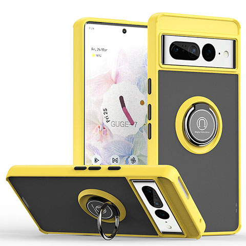 Coque Contour Silicone et Plastique Housse Etui Mat avec Magnetique Support Bague Anneau QW2 pour Google Pixel 7 Pro 5G Jaune