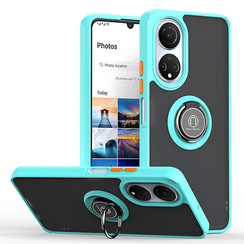 Coque Contour Silicone et Plastique Housse Etui Mat avec Magnetique Support Bague Anneau QW2 pour Huawei Honor X7 Cyan