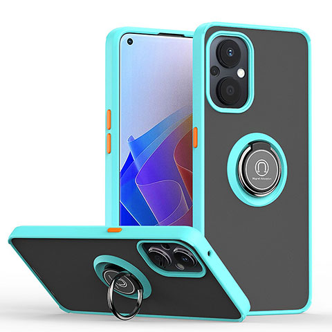 Coque Contour Silicone et Plastique Housse Etui Mat avec Magnetique Support Bague Anneau QW2 pour Oppo F21 Pro 5G Cyan