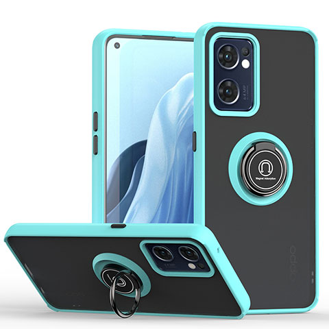 Coque Contour Silicone et Plastique Housse Etui Mat avec Magnetique Support Bague Anneau QW2 pour Oppo Reno7 5G Cyan