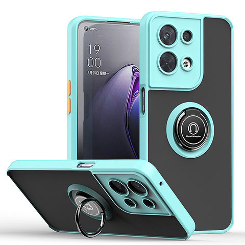 Coque Contour Silicone et Plastique Housse Etui Mat avec Magnetique Support Bague Anneau QW2 pour Oppo Reno8 Pro 5G Cyan