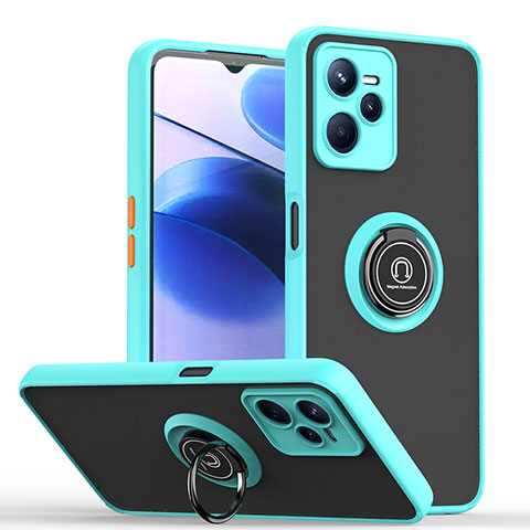 Coque Contour Silicone et Plastique Housse Etui Mat avec Magnetique Support Bague Anneau QW2 pour Realme Narzo 50A Prime Cyan