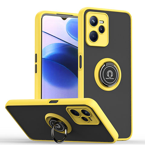 Coque Contour Silicone et Plastique Housse Etui Mat avec Magnetique Support Bague Anneau QW2 pour Realme Narzo 50A Prime Jaune