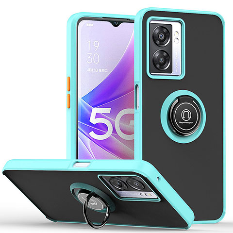 Coque Contour Silicone et Plastique Housse Etui Mat avec Magnetique Support Bague Anneau QW2 pour Realme Q5i 5G Cyan