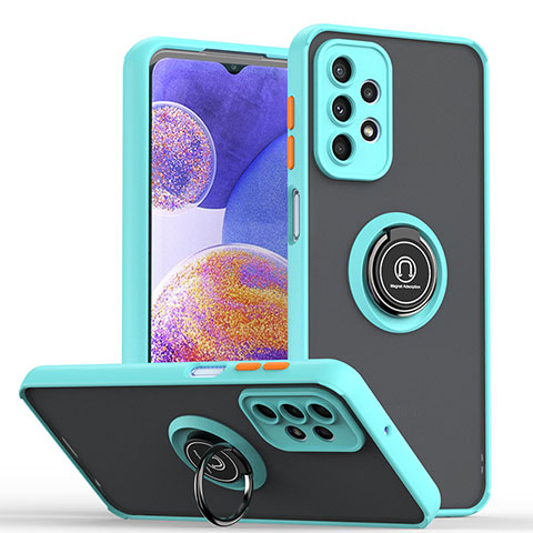 Coque Contour Silicone et Plastique Housse Etui Mat avec Magnetique Support Bague Anneau QW2 pour Samsung Galaxy A23 5G Cyan