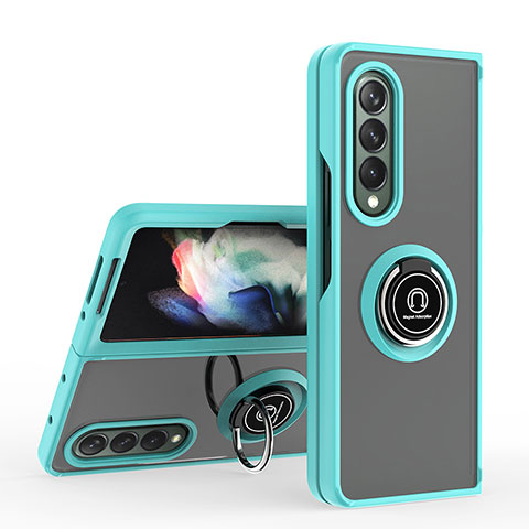 Coque Contour Silicone et Plastique Housse Etui Mat avec Magnetique Support Bague Anneau QW2 pour Samsung Galaxy Z Fold3 5G Cyan