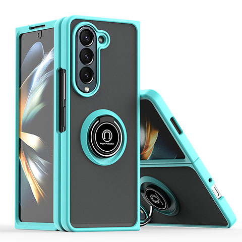 Coque Contour Silicone et Plastique Housse Etui Mat avec Magnetique Support Bague Anneau QW2 pour Samsung Galaxy Z Fold5 5G Cyan