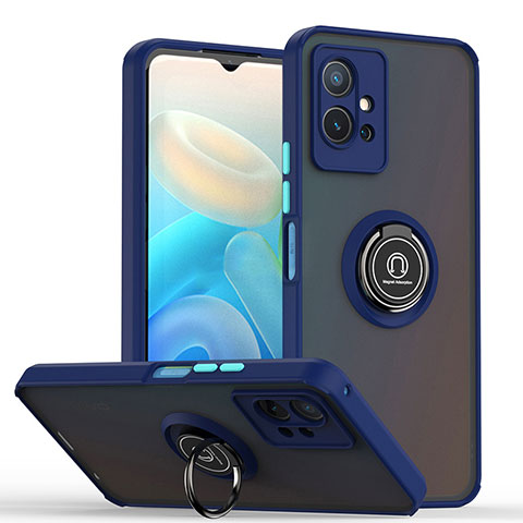 Coque Contour Silicone et Plastique Housse Etui Mat avec Magnetique Support Bague Anneau QW2 pour Vivo iQOO Z6 5G Bleu