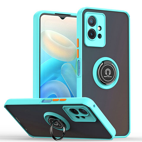 Coque Contour Silicone et Plastique Housse Etui Mat avec Magnetique Support Bague Anneau QW2 pour Vivo iQOO Z6 5G Cyan