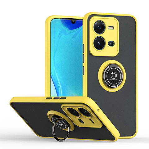 Coque Contour Silicone et Plastique Housse Etui Mat avec Magnetique Support Bague Anneau QW2 pour Vivo V25e Jaune