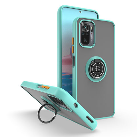 Coque Contour Silicone et Plastique Housse Etui Mat avec Magnetique Support Bague Anneau QW2 pour Xiaomi Poco M5S Cyan