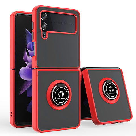 Coque Contour Silicone et Plastique Housse Etui Mat avec Magnetique Support Bague Anneau QW3 pour Samsung Galaxy Z Flip4 5G Rouge