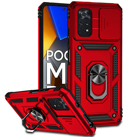 Coque Contour Silicone et Plastique Housse Etui Mat avec Magnetique Support Bague Anneau QW3 pour Xiaomi Poco M4 Pro 4G Rouge