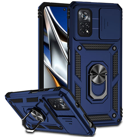 Coque Contour Silicone et Plastique Housse Etui Mat avec Magnetique Support Bague Anneau QW3 pour Xiaomi Poco X4 Pro 5G Bleu