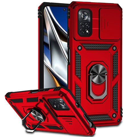 Coque Contour Silicone et Plastique Housse Etui Mat avec Magnetique Support Bague Anneau QW3 pour Xiaomi Poco X4 Pro 5G Rouge