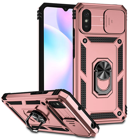 Coque Contour Silicone et Plastique Housse Etui Mat avec Magnetique Support Bague Anneau QW3 pour Xiaomi Redmi 9A Or Rose