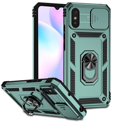 Coque Contour Silicone et Plastique Housse Etui Mat avec Magnetique Support Bague Anneau QW3 pour Xiaomi Redmi 9A Vert