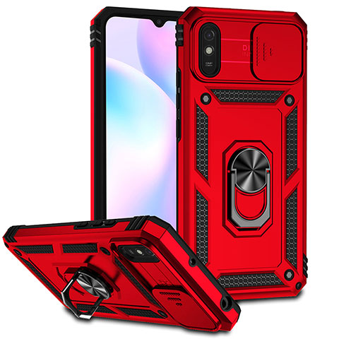 Coque Contour Silicone et Plastique Housse Etui Mat avec Magnetique Support Bague Anneau QW3 pour Xiaomi Redmi 9AT Rouge