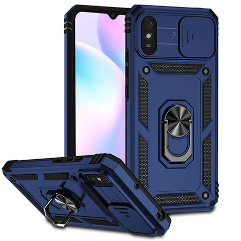 Coque Contour Silicone et Plastique Housse Etui Mat avec Magnetique Support Bague Anneau QW3 pour Xiaomi Redmi 9i Bleu