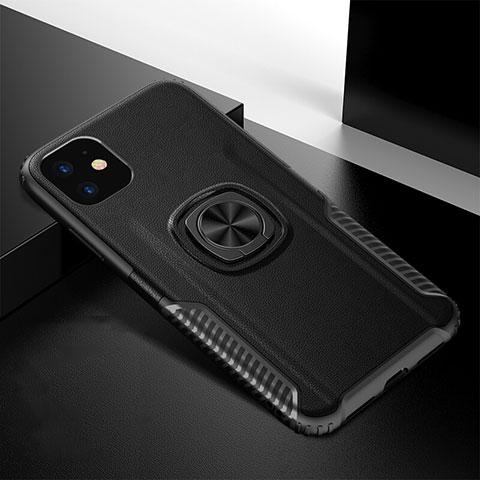 Coque Contour Silicone et Plastique Housse Etui Mat avec Magnetique Support Bague Anneau R01 pour Apple iPhone 11 Noir