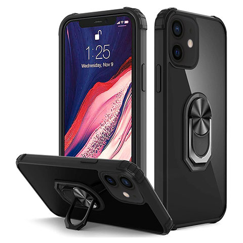 Coque Contour Silicone et Plastique Housse Etui Mat avec Magnetique Support Bague Anneau R01 pour Apple iPhone 12 Noir