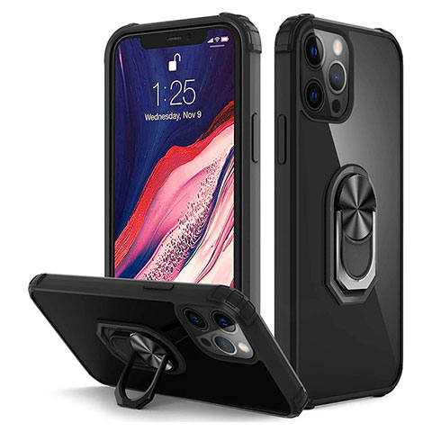 Coque Contour Silicone et Plastique Housse Etui Mat avec Magnetique Support Bague Anneau R01 pour Apple iPhone 12 Pro Max Noir