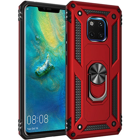 Coque Contour Silicone et Plastique Housse Etui Mat avec Magnetique Support Bague Anneau R01 pour Huawei Mate 20 Pro Rouge