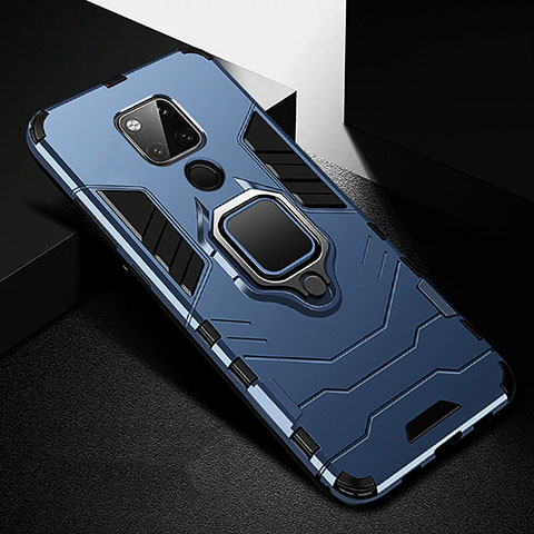 Coque Contour Silicone et Plastique Housse Etui Mat avec Magnetique Support Bague Anneau R01 pour Huawei Mate 20 X 5G Bleu