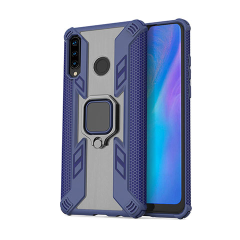 Coque Contour Silicone et Plastique Housse Etui Mat avec Magnetique Support Bague Anneau R01 pour Huawei Nova 4e Bleu