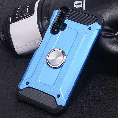 Coque Contour Silicone et Plastique Housse Etui Mat avec Magnetique Support Bague Anneau R01 pour Huawei Nova 5 Bleu Ciel