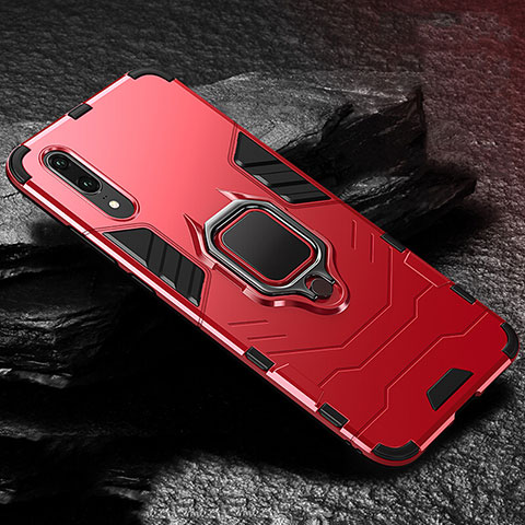 Coque Contour Silicone et Plastique Housse Etui Mat avec Magnetique Support Bague Anneau R01 pour Huawei P20 Rouge