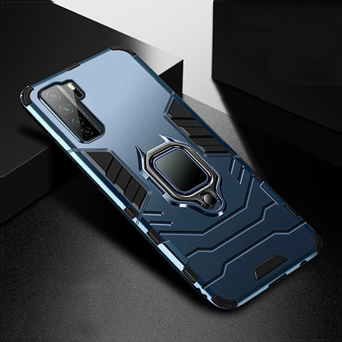 Coque Contour Silicone et Plastique Housse Etui Mat avec Magnetique Support Bague Anneau R01 pour Huawei P40 Lite 5G Bleu