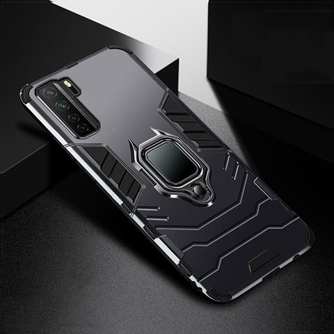 Coque Contour Silicone et Plastique Housse Etui Mat avec Magnetique Support Bague Anneau R01 pour Huawei P40 Lite 5G Noir