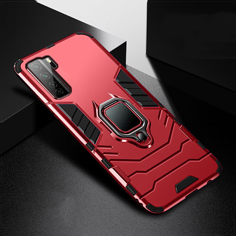 Coque Contour Silicone et Plastique Housse Etui Mat avec Magnetique Support Bague Anneau R01 pour Huawei P40 Lite 5G Rouge