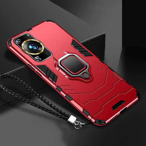 Coque Contour Silicone et Plastique Housse Etui Mat avec Magnetique Support Bague Anneau R01 pour Huawei P60 Pro Rouge