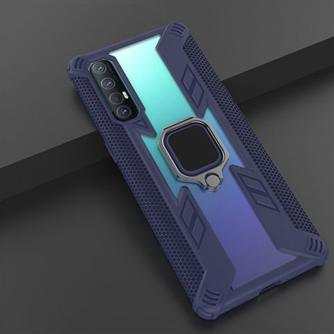 Coque Contour Silicone et Plastique Housse Etui Mat avec Magnetique Support Bague Anneau R01 pour Oppo Find X2 Neo Bleu