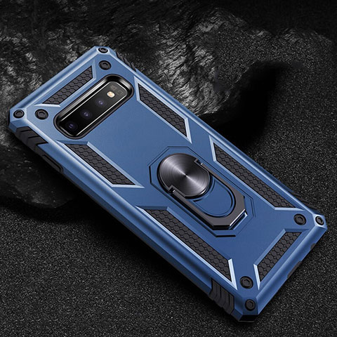 Coque Contour Silicone et Plastique Housse Etui Mat avec Magnetique Support Bague Anneau R01 pour Samsung Galaxy S10 5G Bleu