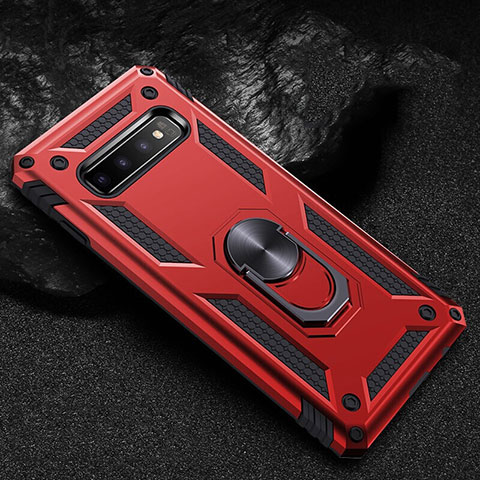 Coque Contour Silicone et Plastique Housse Etui Mat avec Magnetique Support Bague Anneau R01 pour Samsung Galaxy S10 Rouge