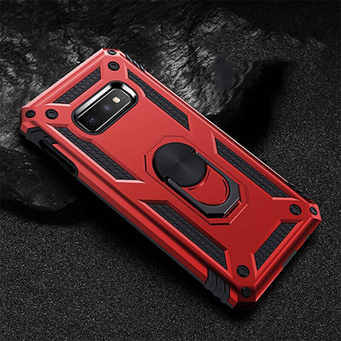 Coque Contour Silicone et Plastique Housse Etui Mat avec Magnetique Support Bague Anneau R01 pour Samsung Galaxy S10e Rouge