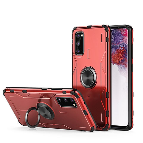 Coque Contour Silicone et Plastique Housse Etui Mat avec Magnetique Support Bague Anneau R01 pour Samsung Galaxy S20 5G Rouge