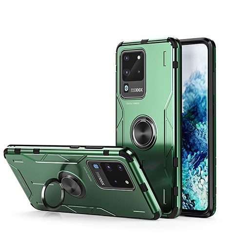 Coque Contour Silicone et Plastique Housse Etui Mat avec Magnetique Support Bague Anneau R01 pour Samsung Galaxy S20 Ultra 5G Vert