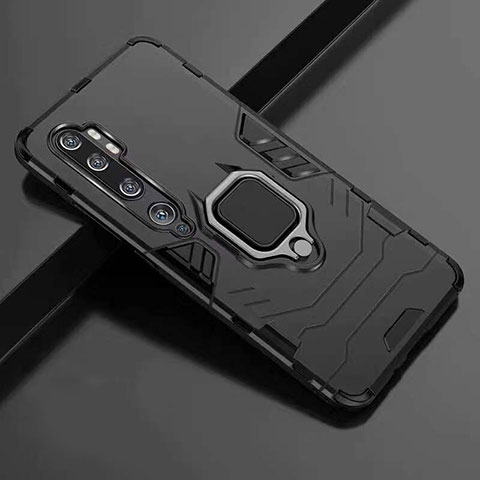 Coque Contour Silicone et Plastique Housse Etui Mat avec Magnetique Support Bague Anneau R01 pour Xiaomi Mi Note 10 Pro Noir