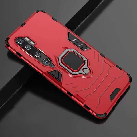 Coque Contour Silicone et Plastique Housse Etui Mat avec Magnetique Support Bague Anneau R01 pour Xiaomi Mi Note 10 Rouge