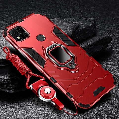 Coque Contour Silicone et Plastique Housse Etui Mat avec Magnetique Support Bague Anneau R01 pour Xiaomi POCO C3 Rouge