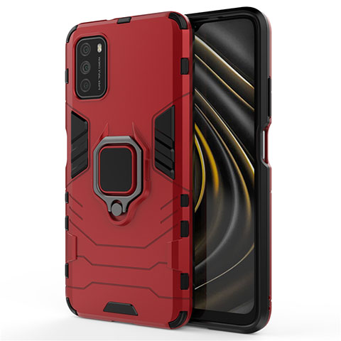 Coque Contour Silicone et Plastique Housse Etui Mat avec Magnetique Support Bague Anneau R01 pour Xiaomi Poco M3 Rouge